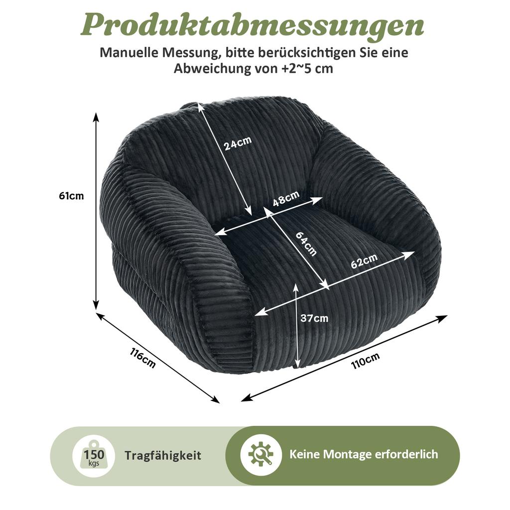 Bean Bag Chair for Adults, Fluffy Corduroy Lounge Chair, Vacuum-Packed and Assembly-Free, for Living Room, Bedroom, Balcony(Dark Grey)