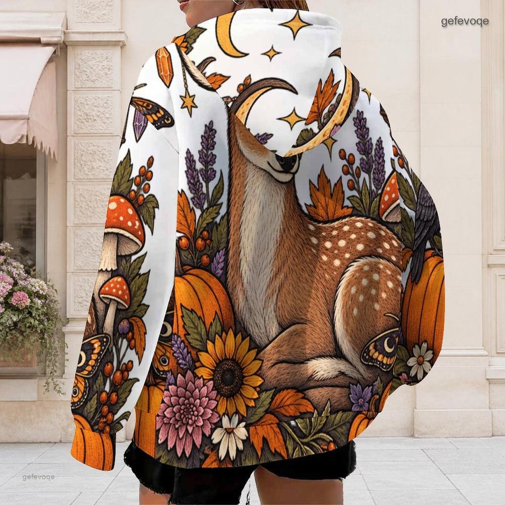 Women Plus Size Zip Up Hoodie Long Sleeve Drawstring Hood Pockets Halloween Printed Sweatshirt