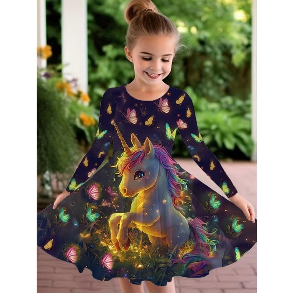 Abito Casual da Ragazza con Stampa Unicorno 3D Girocollo Manica Lunga Abito da Principessa per Bambina