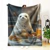 1Pc  New Retro Blanket - Playful Seal Print, Warm & Soft Throw For Sofa, Bed, Car, Office, Camping, Travel - All-Season Gift