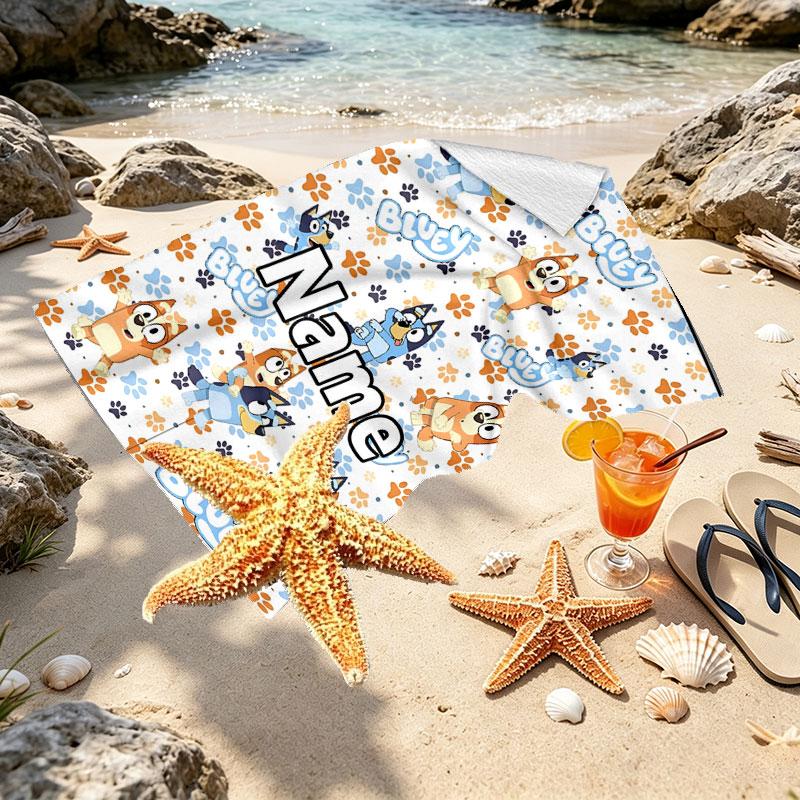 Custom Name Personalized Bluey Print Beach Towel, for Trip Camping Beach Party Home Decor, Birthday Gift for Family & Friends