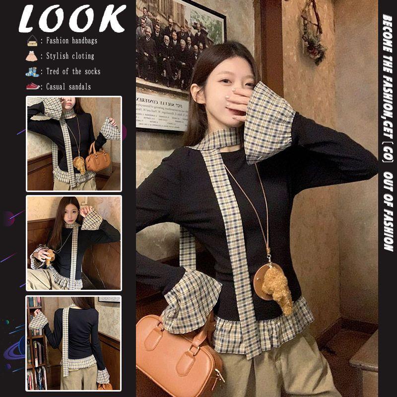 

Fake Two-Piece Color-Blocked Plaid Patchwork Long-Sleeve T-Shirt for Women, Winter Design with Ribbon Halter Neck, Slim-Fit Inner Layering Top Black S [Excellent Quality]