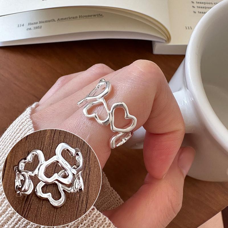 Ring im koreanischen Stil aus S925 Silber mit geometrischem Durchbruchmuster, unregelmäßig, Vintage für Damen - Schwerindustrielles Temperament, verstellbarer schlichter Ring für den Zeigefinger.