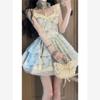 French girl floral dress women's summer sweet and cute small flying sleeves waist small cake puffy skirt