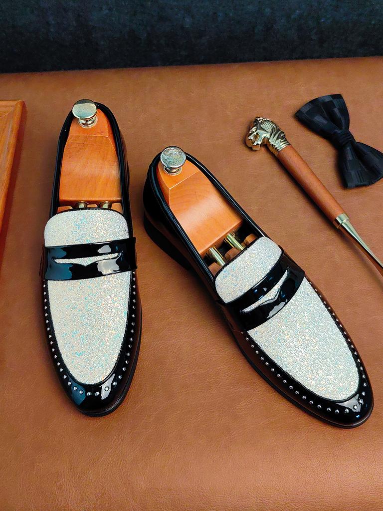 Fashion Men's Pointed Dazzling Colorful Rivet Loafter Leather Casual Shoes Male Formal Wedding Dress Homecoming Zapatos Hombre
