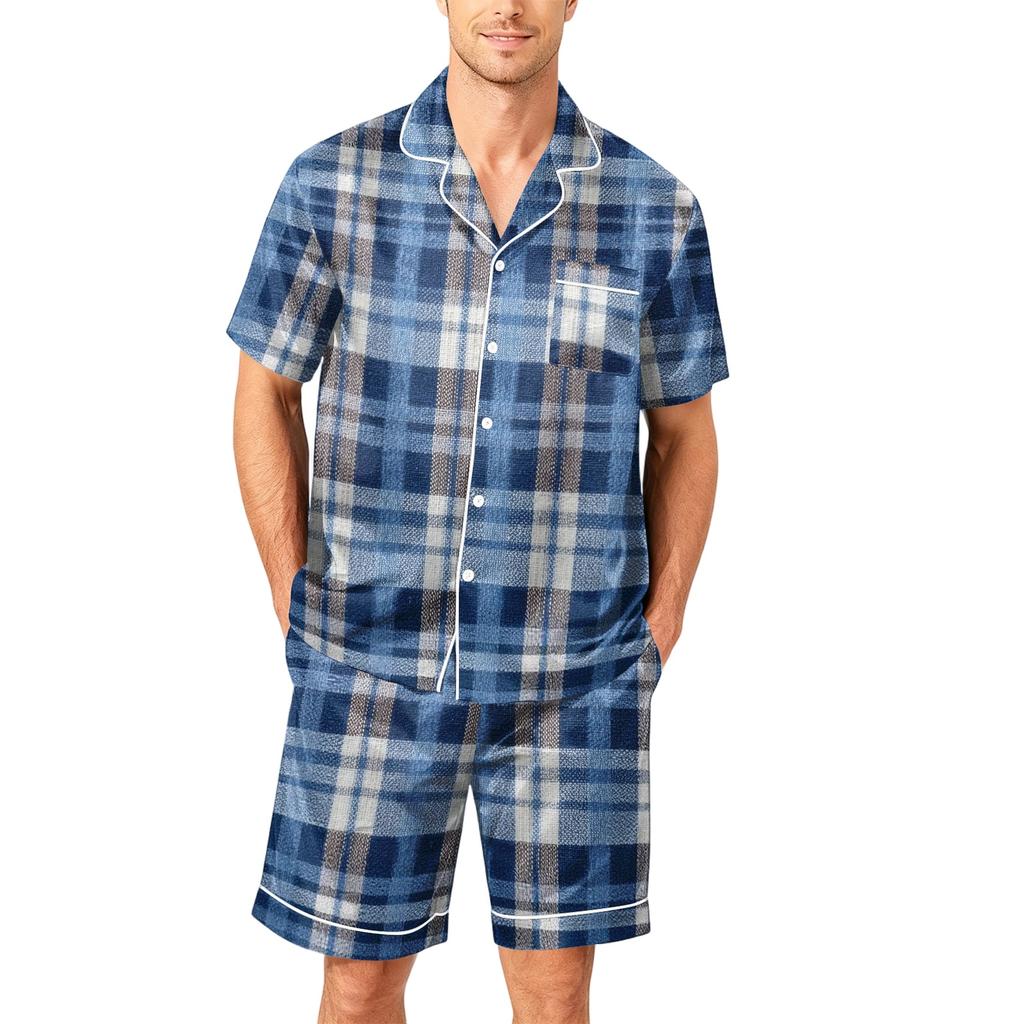 Men's Short Sleeve Pajama Set Button Down Shirt with Notched Collar and Matching Shorts Soft Lightweight Lounge Sleepwear S-XXXXL