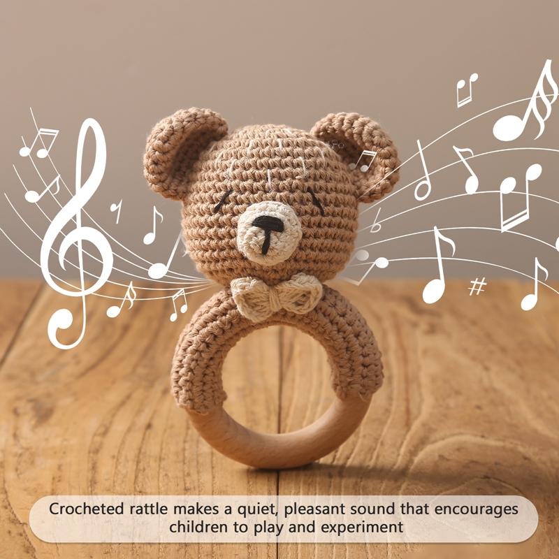 1Pc Crochet Animal Bear Rattle Toy Soother Bracelet Wooden Teether Ring Baby Product Mobile Pram Crib Wooden Toys Newborn Gifts
