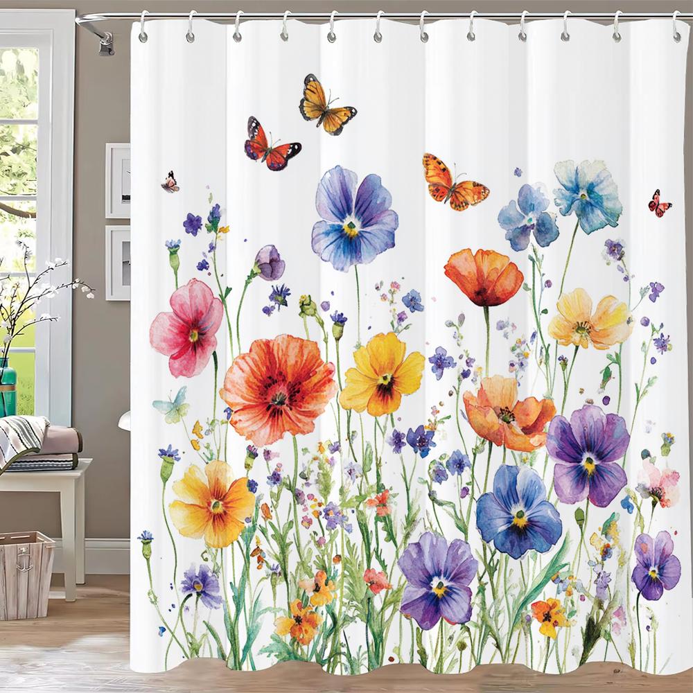 Spring Flowers And Butterflies Theme Shower Curtain, Bathroom Curtain, Floral Shower Curtain, Home Decoration Curtain With Hooks