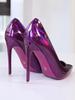 Fashion New Purple Laser Patent Leather Pointed High Heels with Thin Heels, Shallow Mouth, Sexy Cross Dressing, Plus Size 12CM