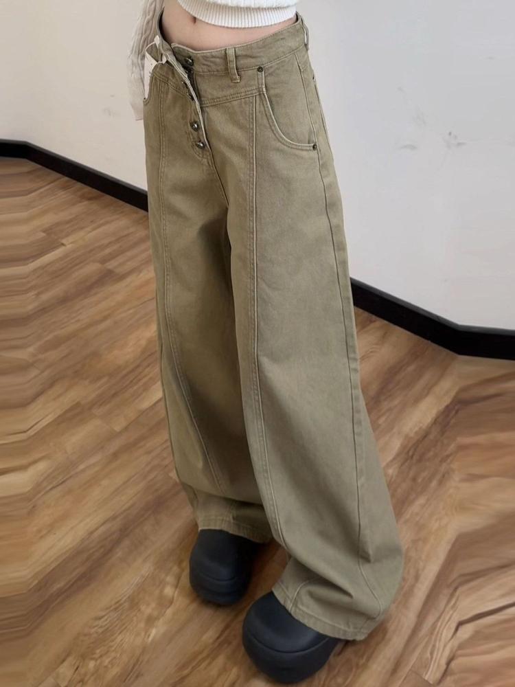 Khaki Pants Female Design Sense American Wide-leg Overalls Plus Size Slim Machete Jeans Spring