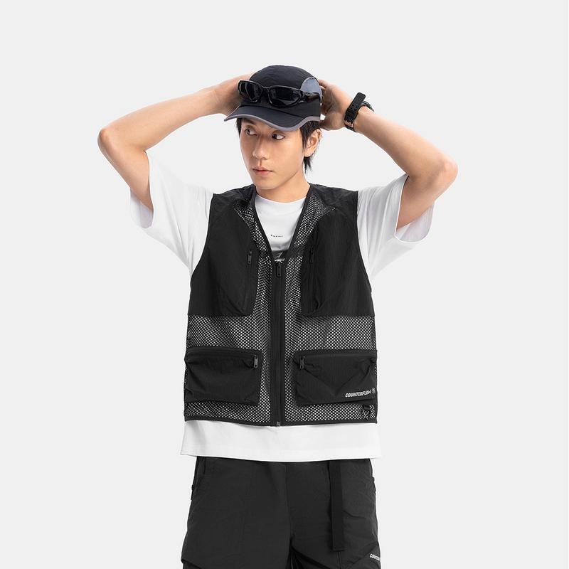 Li-Ning CF Outdoor Solid Color Zip V-Neck Multi-Pocket Water-Resistant Sleeveless Vest Men Vests Black AMDV035-1