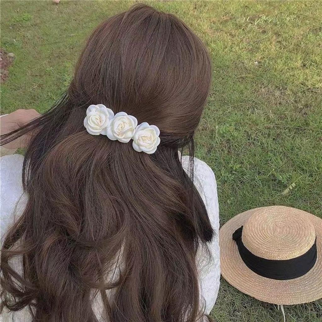 2Pcs White Rose Flower Hair Clips for Women, Elegant Organza Satin Hair Barrettes, Bridal Hair Accessories for Wedding, Party &