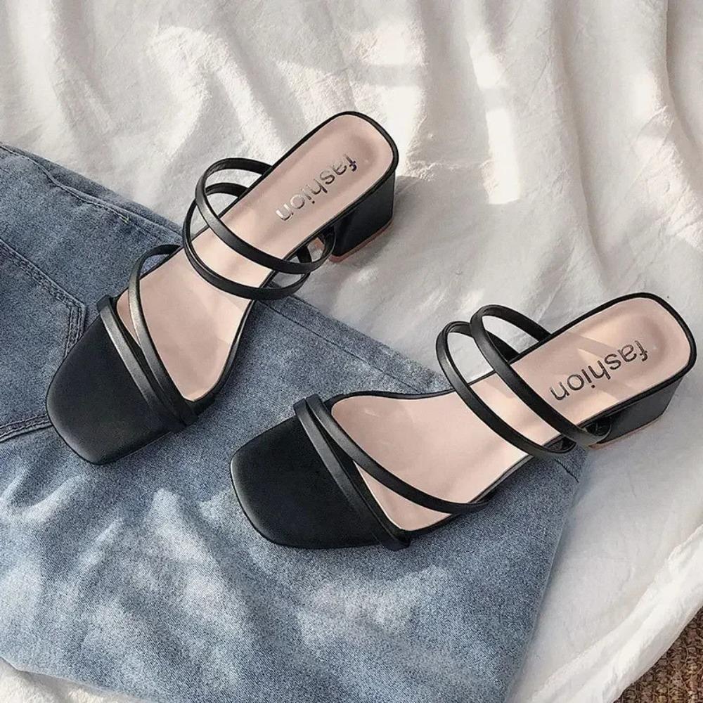 Womens Chic Chunky Heel Sandals - Square Toe Slip-Ons for Summer Style - Comfortable Casual Fashion Pumps