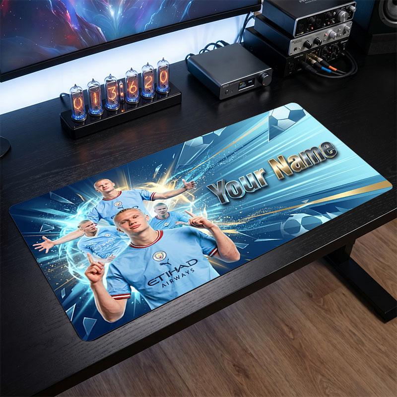 Erling Haaland Custom Large Mouse Pad, Personalized Name Text Print, Football Logo Non‑Slip Desk Mat Gaming Gift