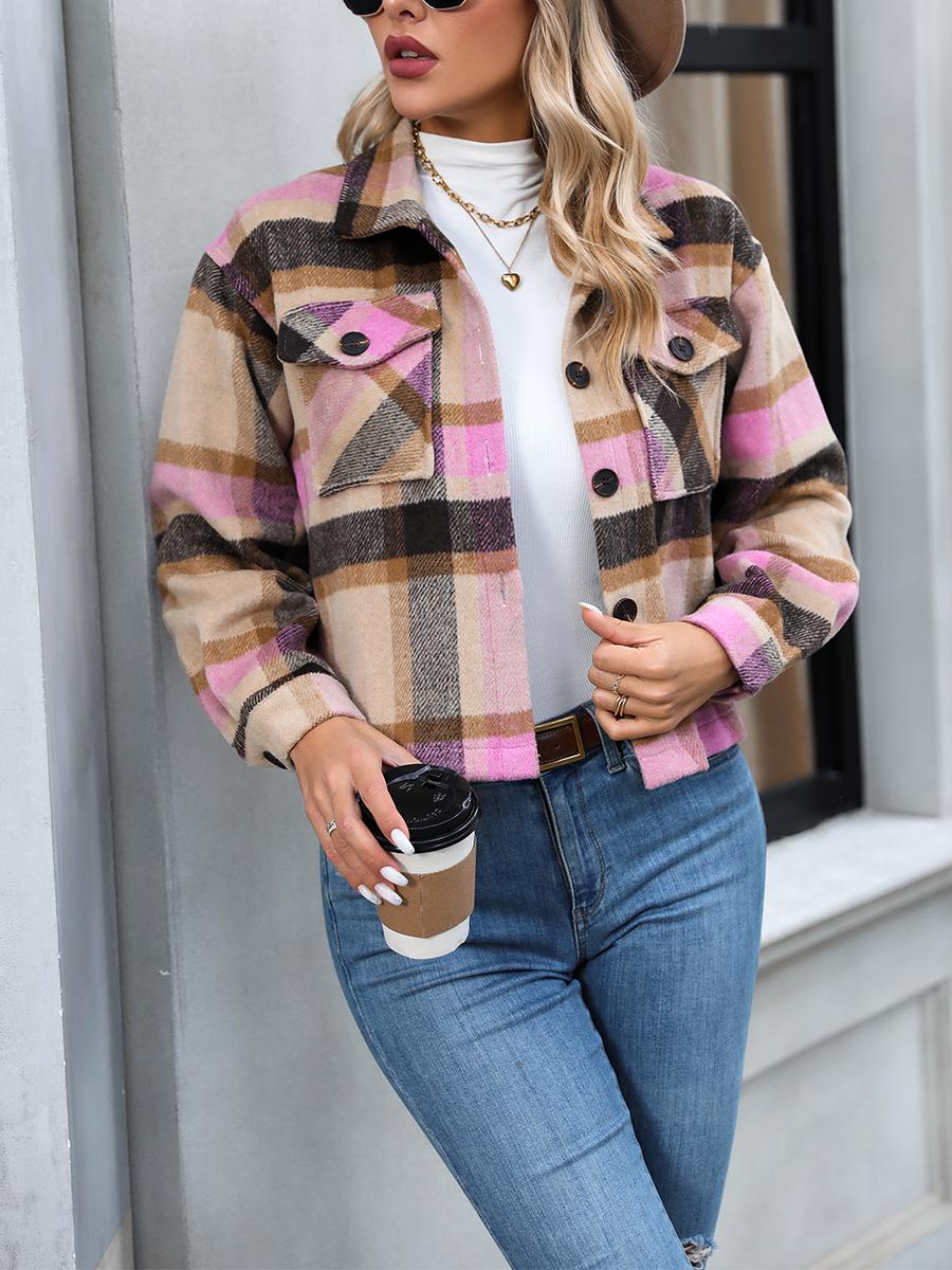 Модная повседневная женская шерстяная короткая куртка в клетку с карманами XXL зелёный — фото 9