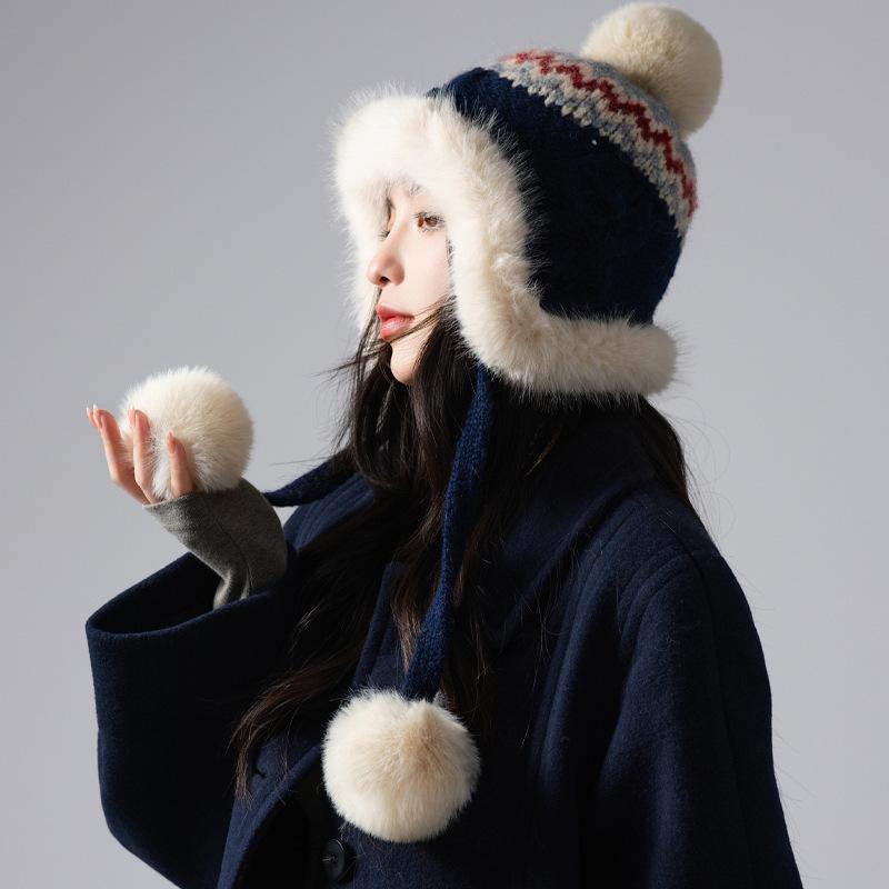 Korean Version Hat Winter Women'S Cute Hairball Knitted Hat Big Head Circumference Autumn Windproof Headgear Ear Protection Warm Hat