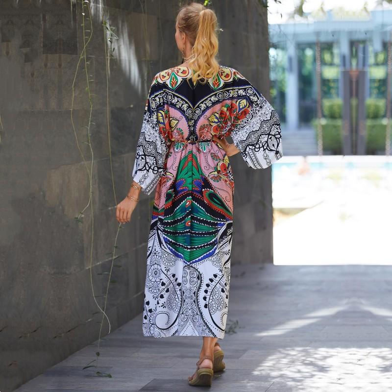 Ethnic Style Swimwear Cover Up Retro Print Lace Up Women Summer Long Kimono Dress Beachwear Bikini Cover Up Q1521