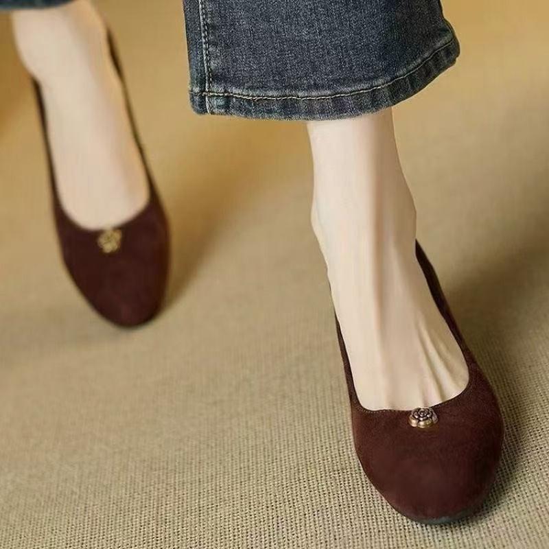 Versteckter Keilabsatz Flache Form Einzelne Schuhe Weiches Leder Wildleder Runde Zehenpartie Mittelhoher Absatz Hoher Absatz Damenschuhe Lederschuhe für Zierliche