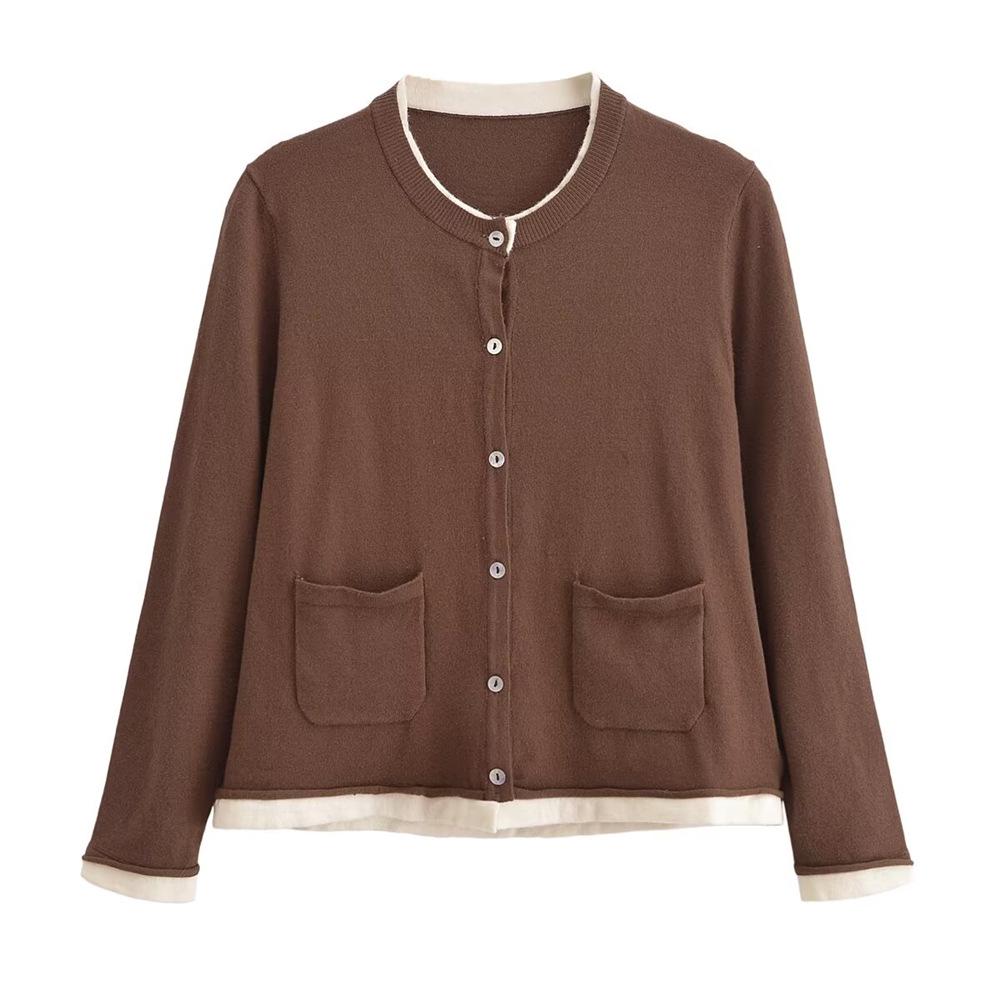 

2024 Autumn/Winter Women s Layered Patchwork Knitted Cardigan Small коричневий
