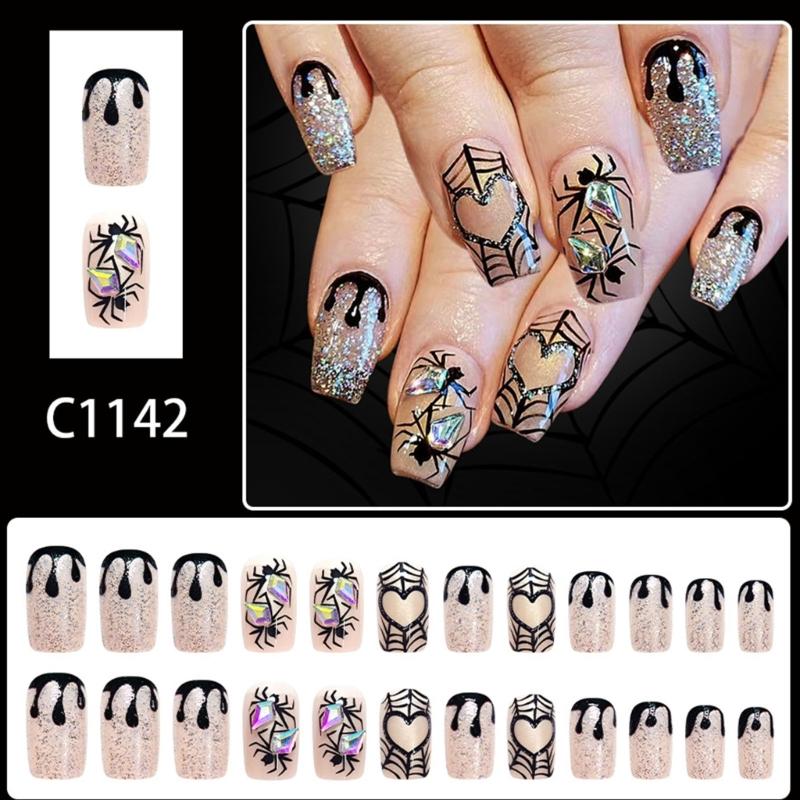 Halloween Glitzer Falsche Nägel Spinnennetz Herz Kunst Designs Aufdrücknagel Set 24 Stück Künstlicher Falscher Nagel
