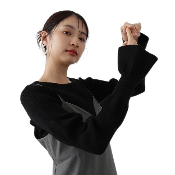 N Natural Beauty Wave Sleeve Knit Black Basic Women's Sweater,