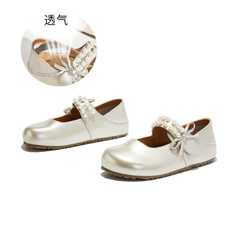 Leather Bow Mary Jane Women's Shoes Autumn New Light Mouth Pearl Velcro Single Shoes Versatile Small Leather Shoes