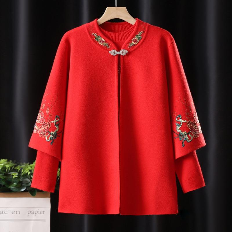 Mom's new knitted cardigan embroidered sweater jacket middle-aged lady spring and autumn top two-piece set