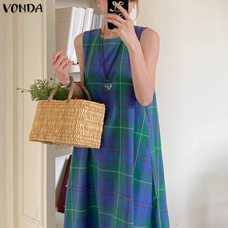VONDA Ethnic Women Casual Round Neck Sleeveless Plaid Print Casual Tunic Dress