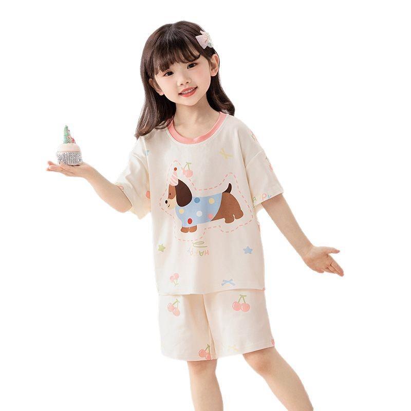 Cotton Short Sleeve Pajama Set Girls Cartoon Print Loose Sleepwear Home Outfit 2025