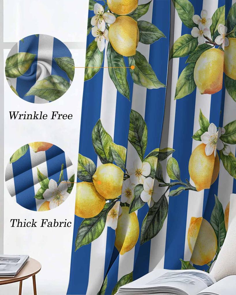 Classic Summer Blue Striped Lemon Plant Window Curtain Bedroom Decor Curtain Panel Curtains for Living Room