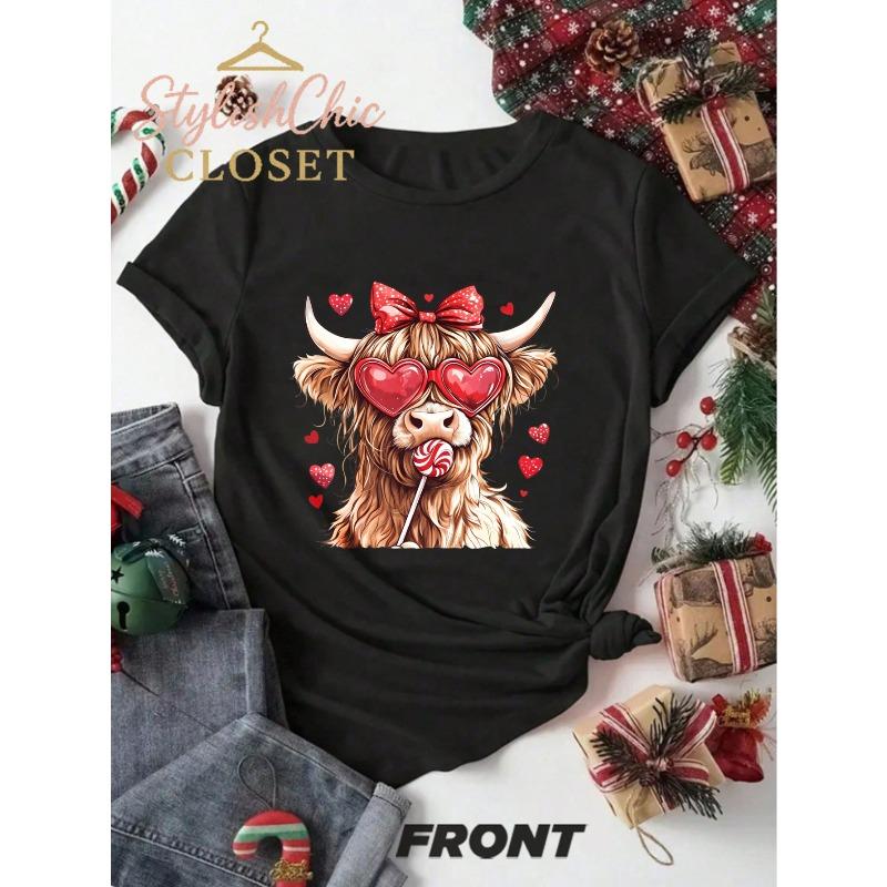 Unisex Cute Cow Heart Glasses Bow Print T-Shirt Loose Casual Holiday Gift Valentine's Day Fashion Top