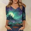 Women's Halloween Print V Neck Top 3/4 Sleeve Casual Shirt Lightweight Comfortable Fit Suitable for Seasonal Wear