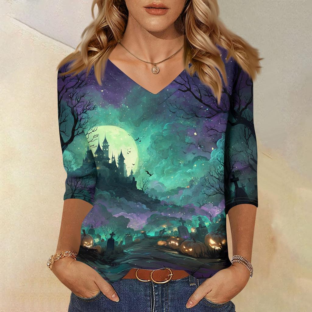 Women's Halloween Print V Neck Top 3/4 Sleeve Casual Shirt Lightweight Comfortable Fit Suitable for Seasonal Wear