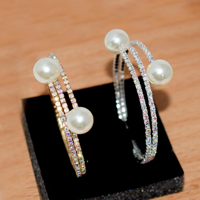 Fashion 2 Rows Imitation Pearls Rhinestone Open Bracelets Bangles Women Wedding Jewelry Party Accessries