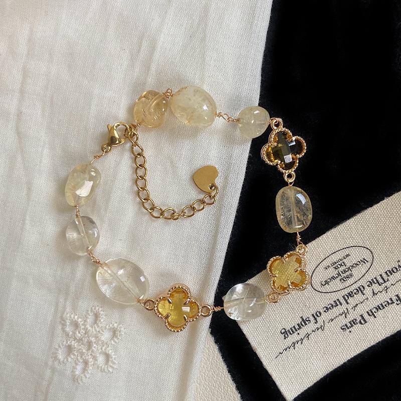 Pink Four-leaf Flower Bracelet Freshwater Pearl Natural Crystal Bracelet, Sweet Internet Celebrity Small Fragrance Citrine Bracelet.
