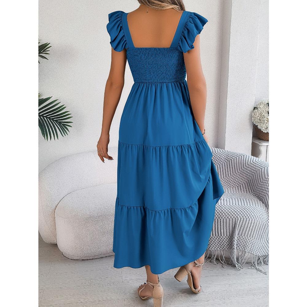 Summer Solid Colour Square Neck Wooden Ear Side Waist A-Line Long Women's Loose Casual Dresses