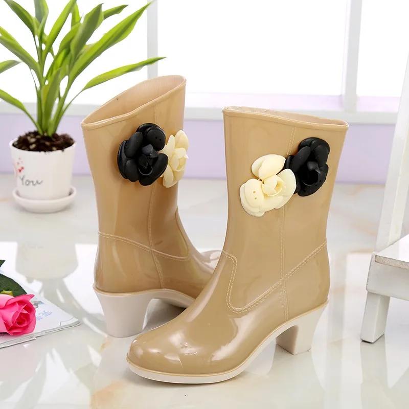 Fashion Ladies Shoes 2025 Mid-Calf Women's Boots Outdoor Rainboots Women Round Toe Slip On Floral Mixed Colors Chunky Heels Shoes Women