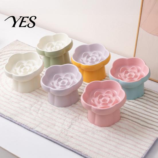Vomiting Prevention Pet Bowl Ceramic Slow Feeder Bowl, Dogs Cats Anti-Choking Eating Food Elevated Feeding for Dry & Wet with Rose Pattern