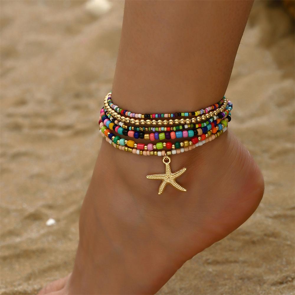 Big Starfish Pendant Rainbow Glass Beads Anklets For Women Gold Color Foot Chain Beach Jewelry Ankle Bracelet Summer Accessories