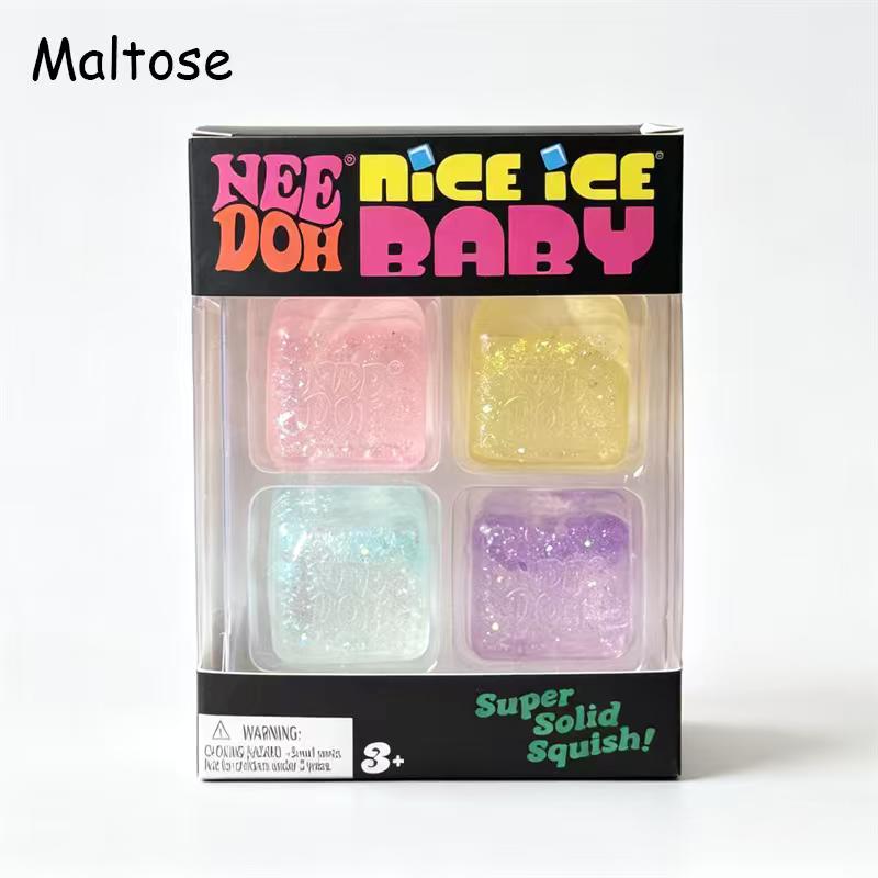 Needoh Nice Ice Mini Paquete de 4 Cubo Juguete de Apretar Transparente Brillo Suave Squishy Alivio Presión Maltosa TPR No Tóxico Juguete Portátil Regalo