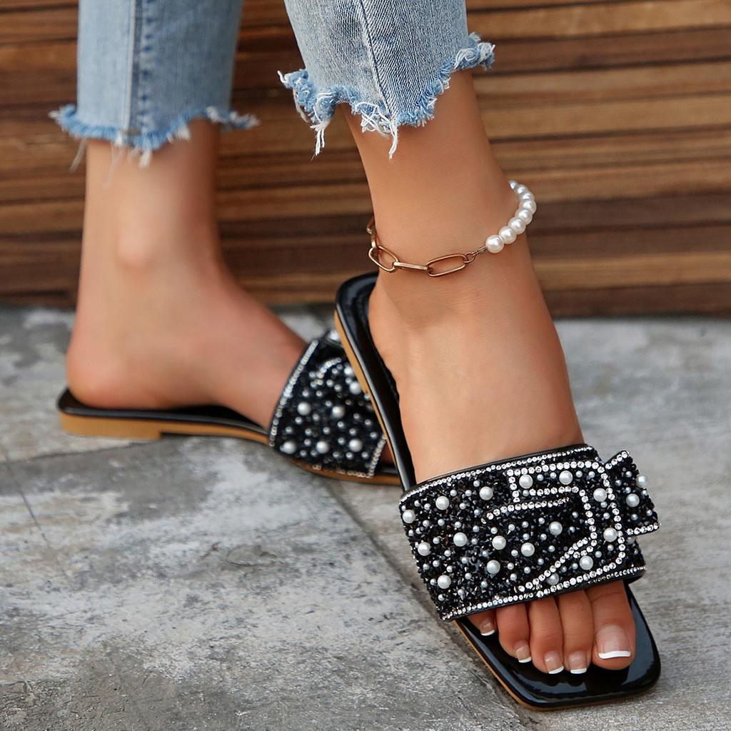 Modne Damskie Casualowe Klapki z Odkrytymi Palcami Płaskie Luksusowy Dekor Tkany Wzór Sandały Moda Wakacje Impreza Seksowne Eleganckie Kapcie dla Pań Biurowych