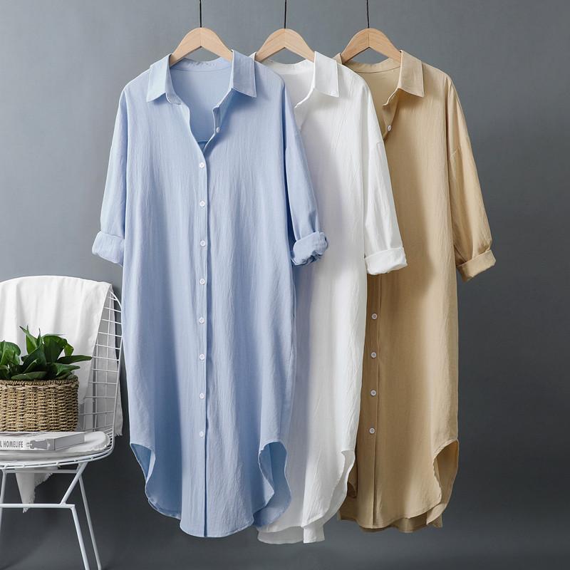 1116 Primavera e Autunno Camicia Media e Lunga Donna Cotone e Lino Design Ampio Top Versione Coreana Giacca Camicia Solare