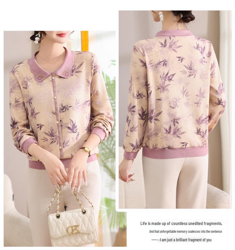 Elegant Floral Long-Sleeve T-Shirt for Middle-Aged & Elderly Women - New Chinese Style Top