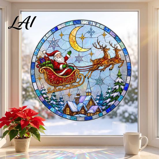 Christmas Window Decals Santa Sleigh Suncatcher Style Static Glass Cling Stained Festival Atmosphere Cling Sticker