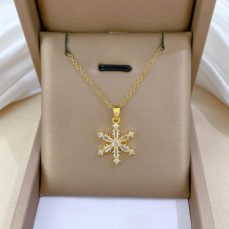 Simple Bling Zircon Snow Flower Pendant Necklaces for Women Stainless Steel Chain Jewelry Choker Accessories Christmas Gifts