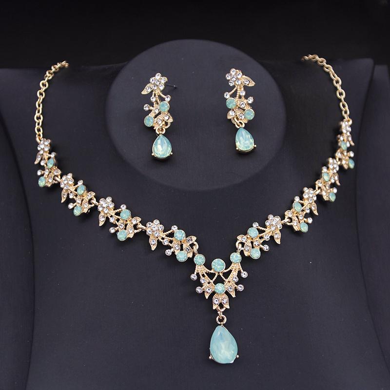 Gorgeous Green Tiaras Jewelry Sets for Women Bridal Wedding Crown Set Party Prom Bride Necklace Earrings Costume Accessory