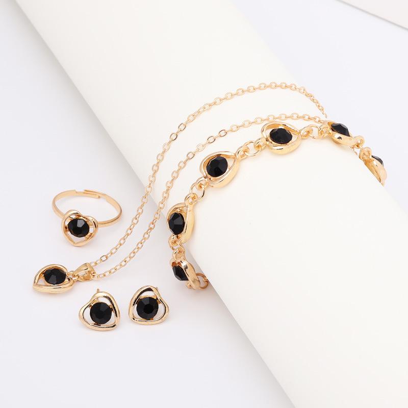 Heart Shape Pendant Necklace Earrings Ring Bracelet Set Four Pieces Jewelry Set for Women Adjustable Chain Link Design