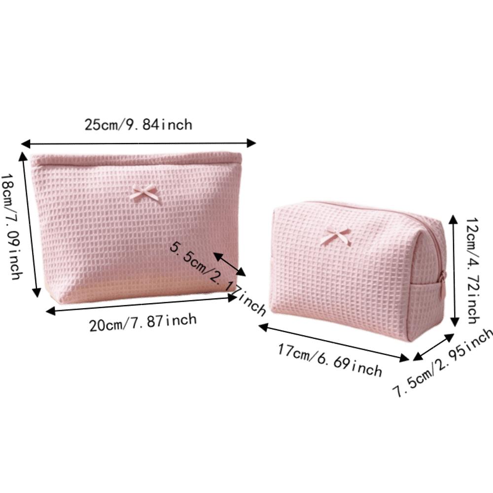 Large Capacity Waffle Knit Makeup Bag Bow Decor Toiletry Organizer Sweet Cosmetic Bag Daily