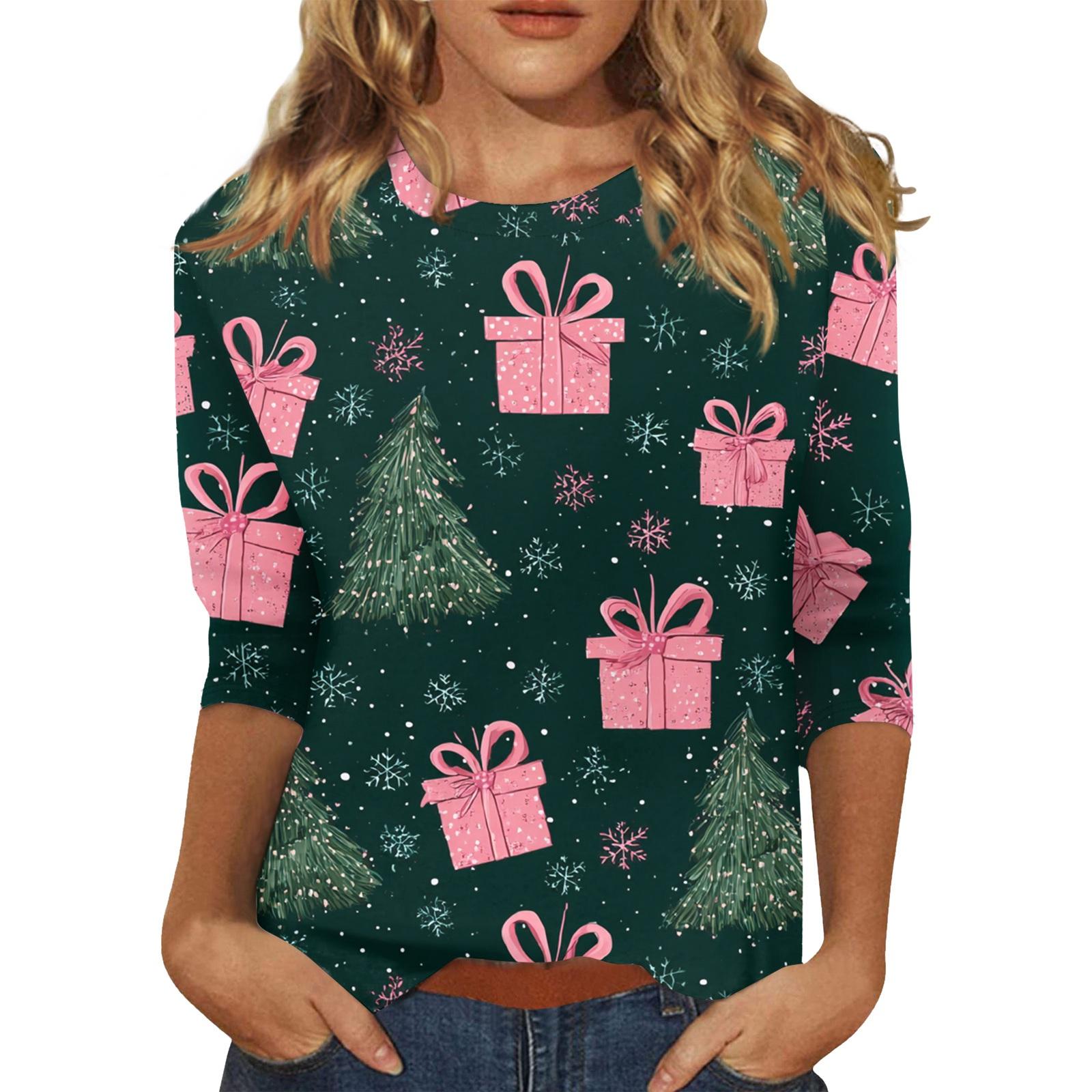 

Женский топ с круглым вырезом и рукавом 3/4 с рождественским принтом XXL зелёный