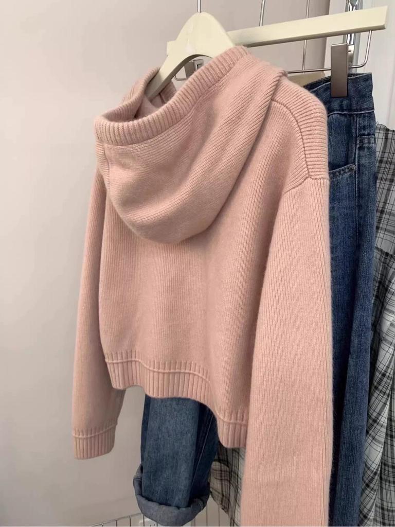 Women's Korean Style Hooded Double Zipper Knit Cardigan Jacket for Autumn/Winter